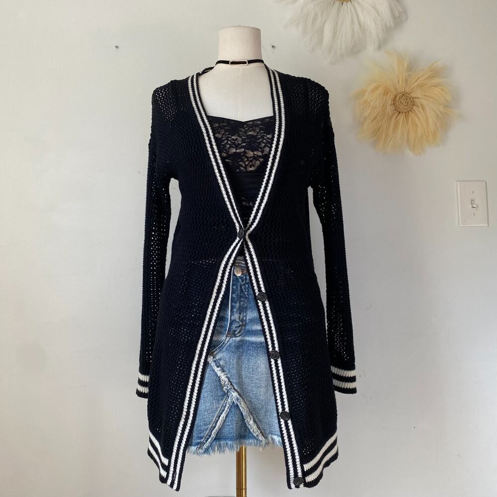 American Eagle Outfitters Black Knit Long Cardigan with White Trim